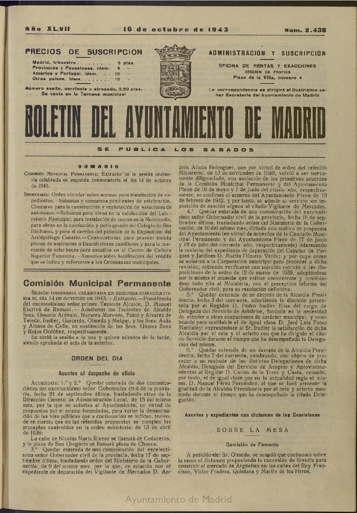 Miniatura de Boletín Oficial del Ayuntamiento de Madrid del 16 de octubre de 1943, nº 2438
