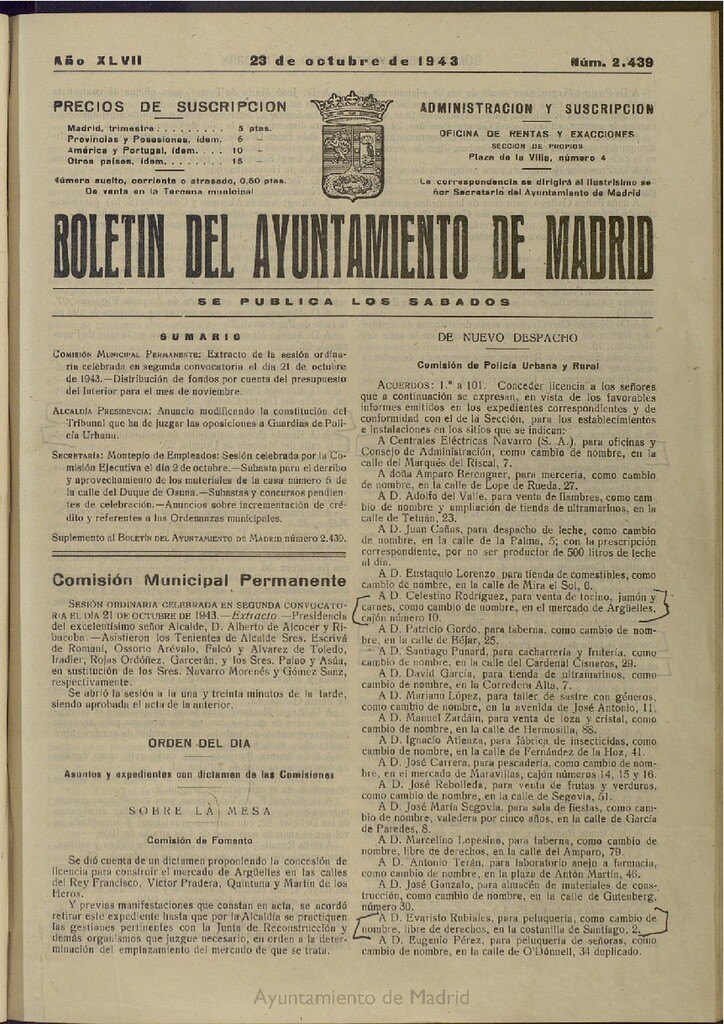 Miniatura de Boletín Oficial del Ayuntamiento de Madrid del 23 de octubre de 1943, nº 2439
