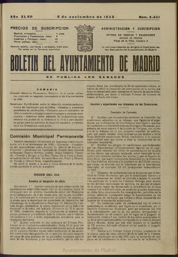Miniatura de Boletín Oficial del Ayuntamiento de Madrid del 6 de noviembre de 1943, nº 2441
