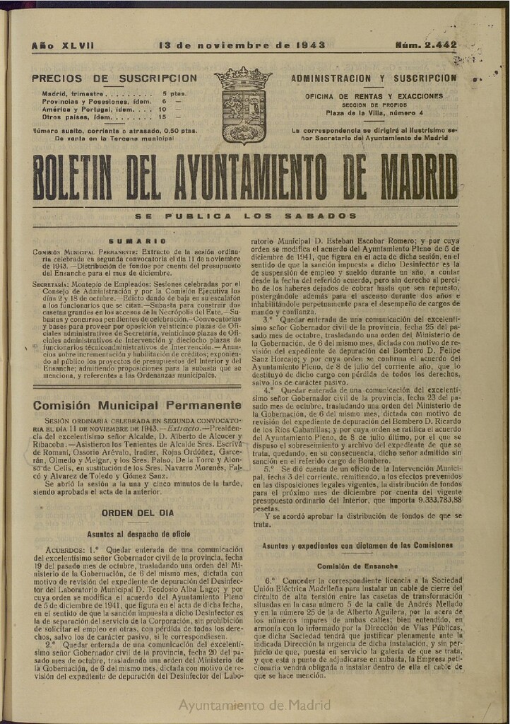 Miniatura de Boletín Oficial del Ayuntamiento de Madrid del 13 de noviembre de 1943, nº 2442