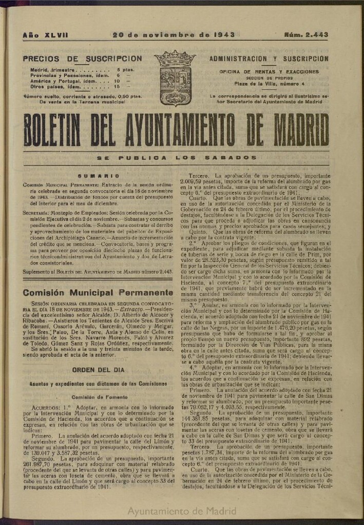 Miniatura de Boletín Oficial del Ayuntamiento de Madrid del 20 de noviembre de 1943, nº 2443
