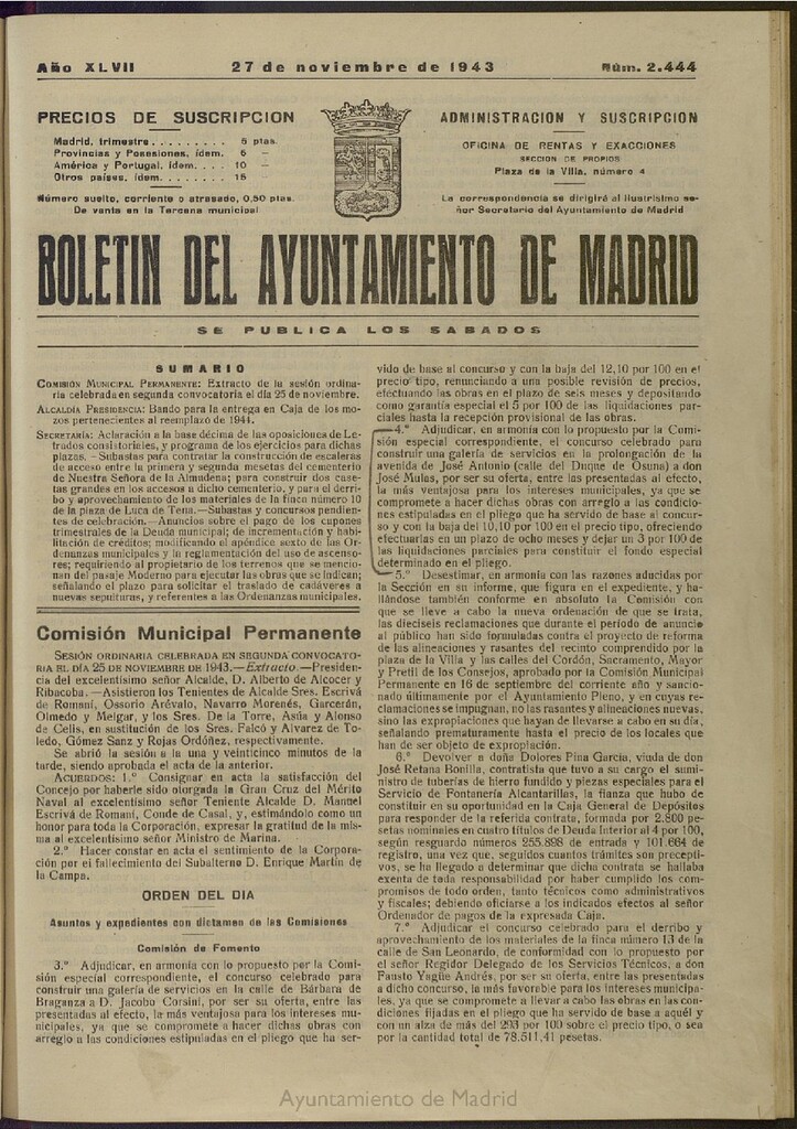 Miniatura de Boletín Oficial del Ayuntamiento de Madrid del 27 de noviembre de 1943, nº 2444