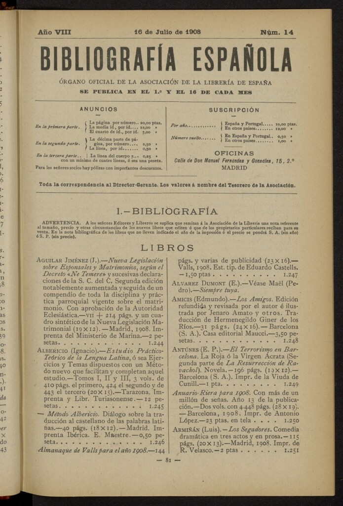 Miniatura de Bibliografía Española del 16 de julio de 1908