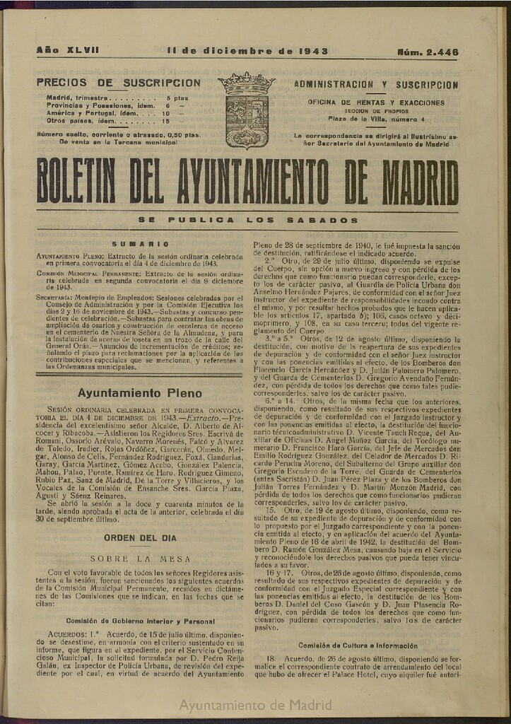 Miniatura de Boletín Oficial del Ayuntamiento de Madrid del 11 de diciembre de 1943, nº 2446