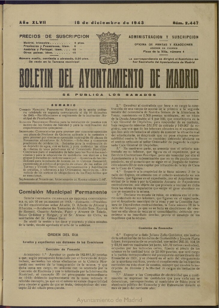 Miniatura de Boletín Oficial del Ayuntamiento de Madrid del 18 de diciembre de 1943, nº 2447