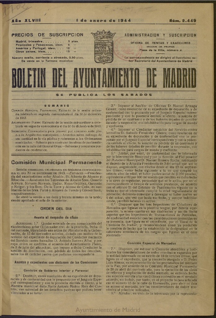 Miniatura de Boletín Oficial del Ayuntamiento de Madrid del 1 de enero de 1944, nº 2449