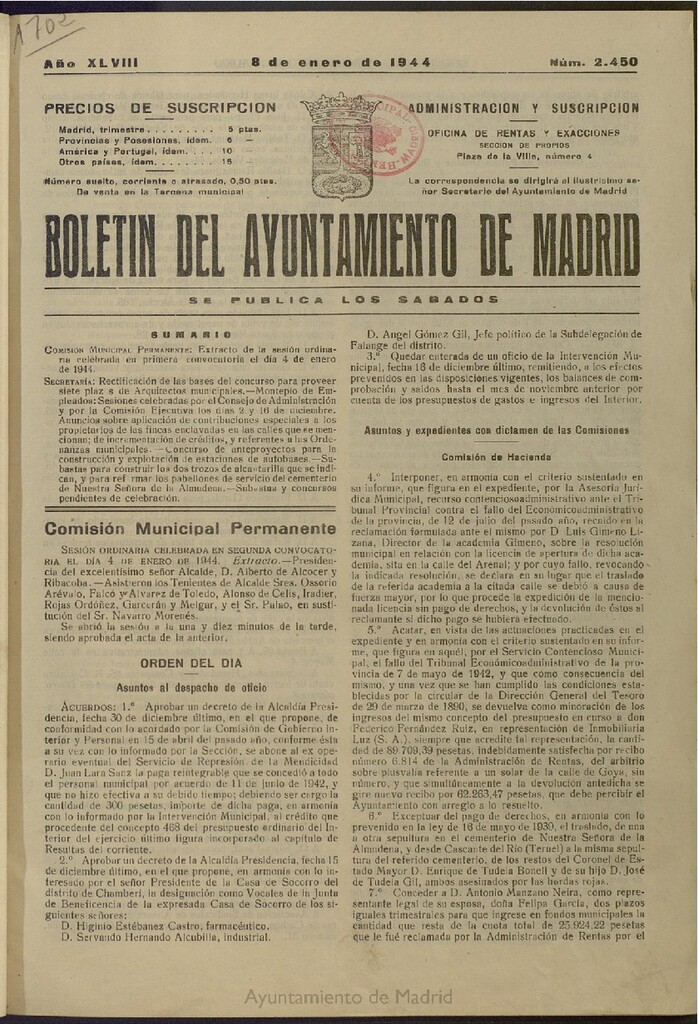 Miniatura de Boletín Oficial del Ayuntamiento de Madrid del 8 de enero de 1944, nº 2450