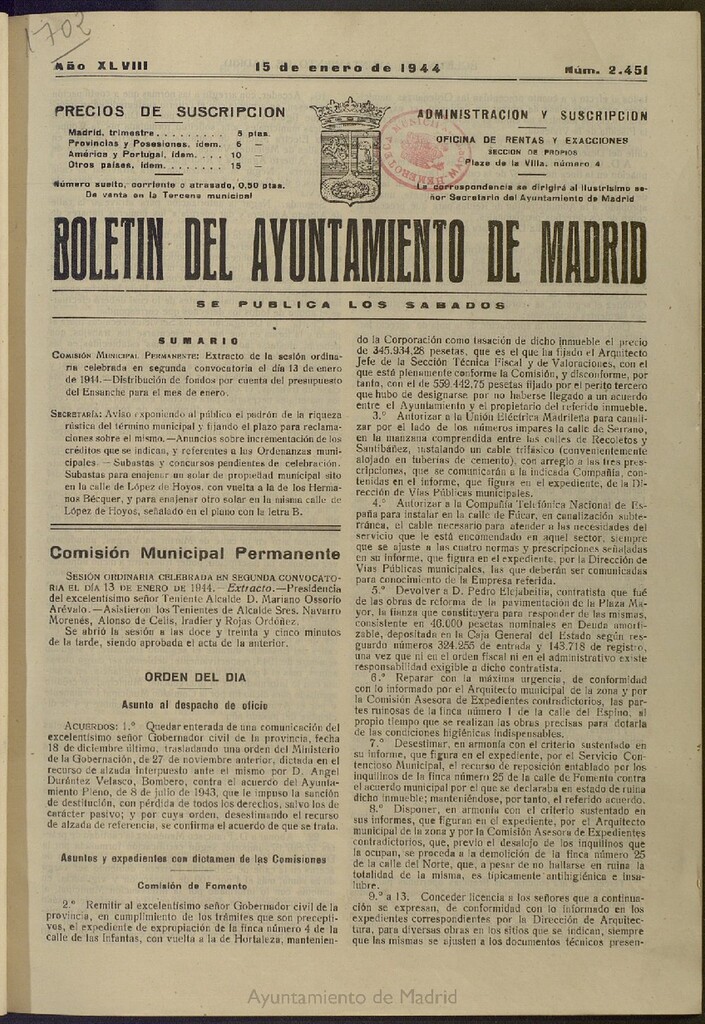 Miniatura de Boletín Oficial del Ayuntamiento de Madrid del 15 de enero de 1944, nº 2451