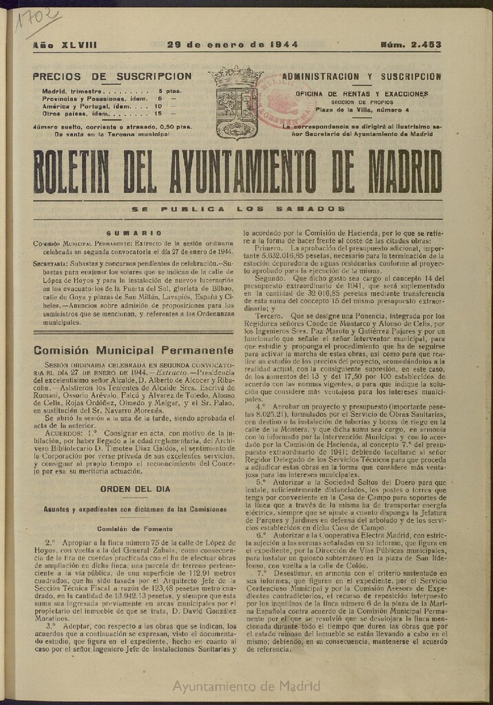 Miniatura de Boletín Oficial del Ayuntamiento de Madrid del 29 de enero de 1944, nº 2453