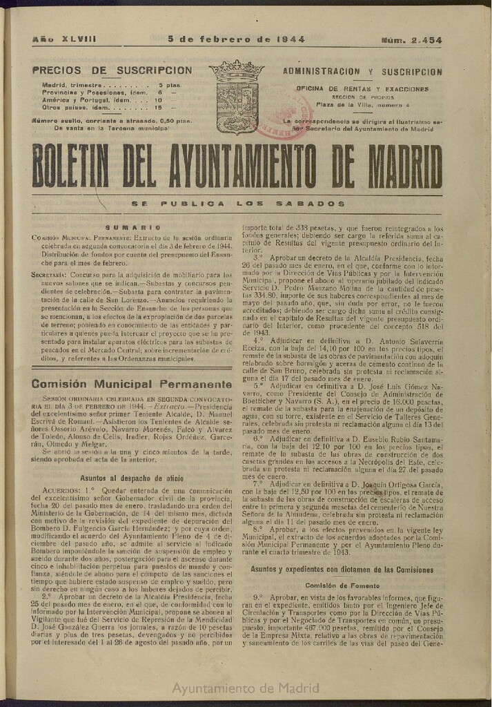 Miniatura de Boletín Oficial del Ayuntamiento de Madrid del 5 de febrero de 1944, nº 2454