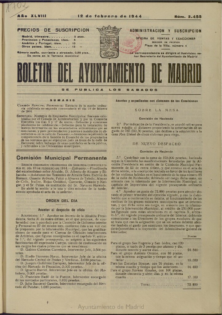 Miniatura de Boletín Oficial del Ayuntamiento de Madrid del 12 de febrero de 1944, nº 2455