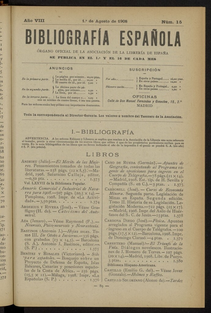 Miniatura de Bibliografía Española del 1 de agosto de 1908