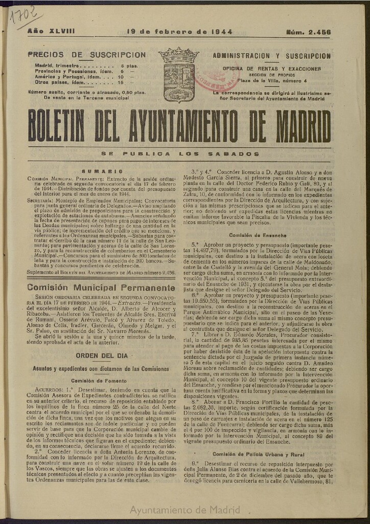 Miniatura de Boletín Oficial del Ayuntamiento de Madrid del 19 de febrero de 1944, nº 2456