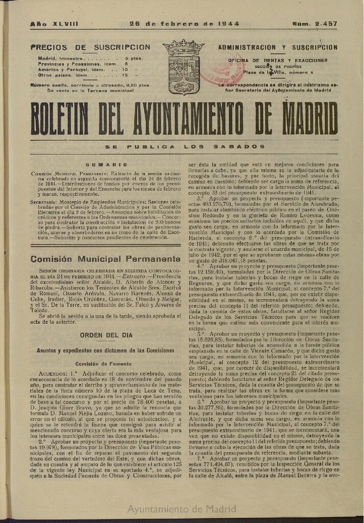 Miniatura de Boletín Oficial del Ayuntamiento de Madrid del 26 de febrero de 1944, nº 2457