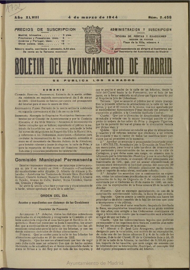 Miniatura de Boletín Oficial del Ayuntamiento de Madrid del 4 de marzo de 1944, nº 2458