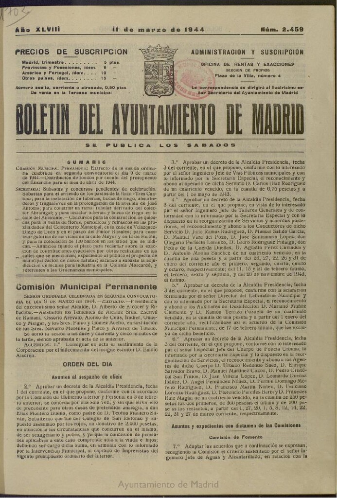 Miniatura de Boletín Oficial del Ayuntamiento de Madrid del 11 de marzo de 1944, nº 2459