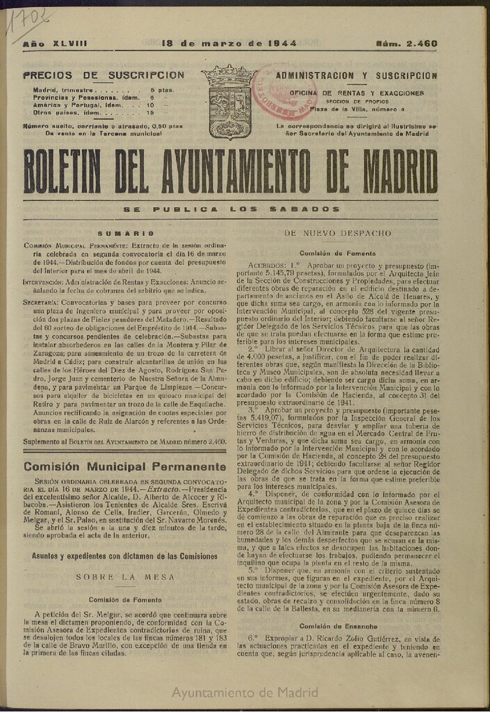 Miniatura de Boletín Oficial del Ayuntamiento de Madrid del 18 de marzo de 1944, nº 2460