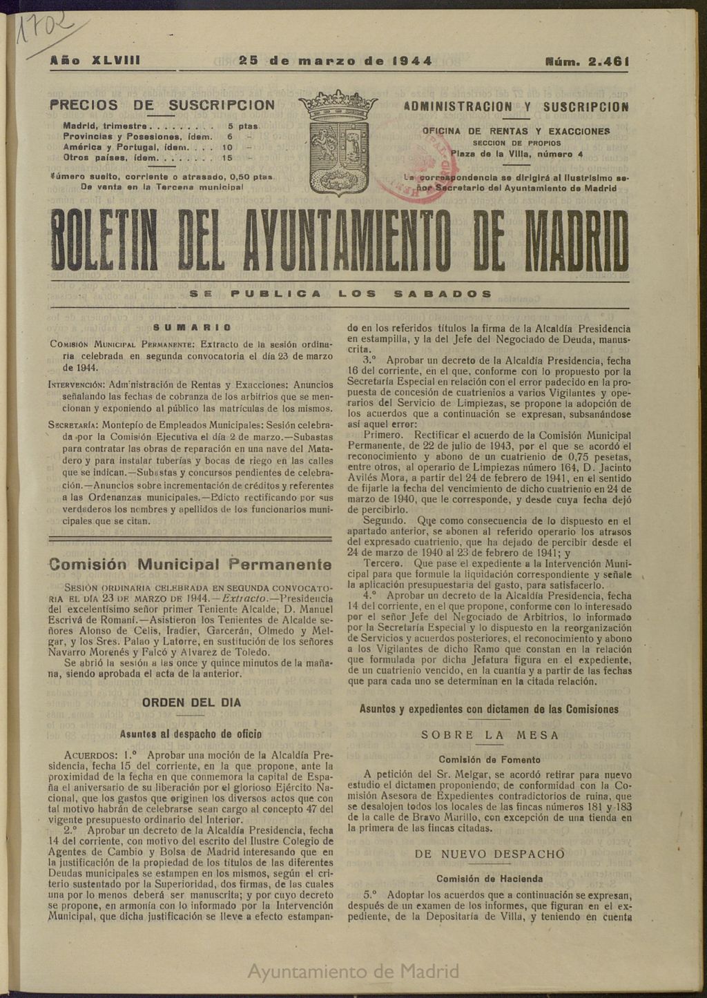 Miniatura de Boletín Oficial del Ayuntamiento de Madrid del 25 de marzo de 1944, nº 2461