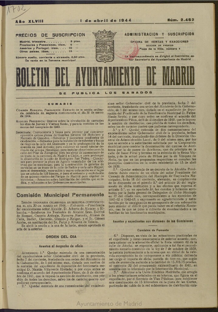 Miniatura de Boletín Oficial del Ayuntamiento de Madrid del 1 de abril de 1944, nº 2462