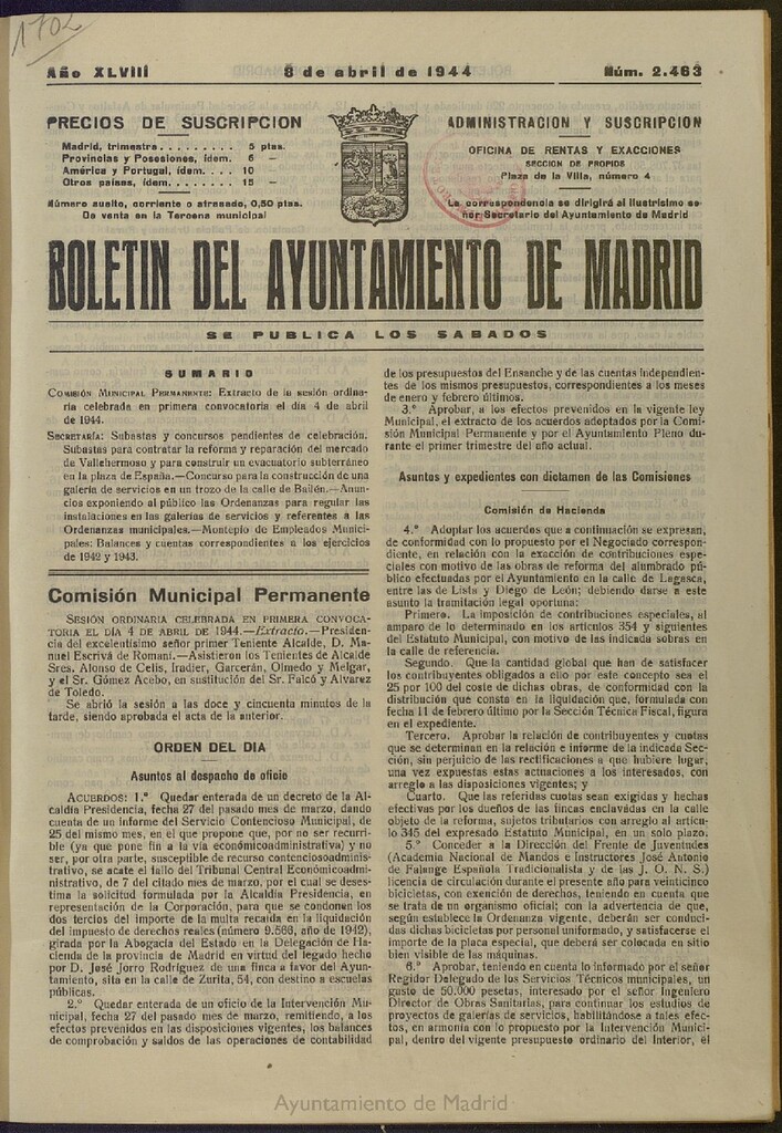 Miniatura de Boletín Oficial del Ayuntamiento de Madrid del 8 de abril de 1944, nº 2463
