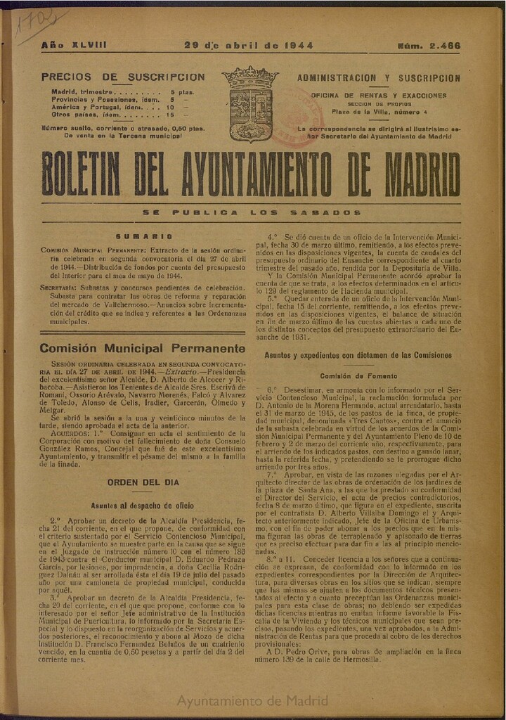 Miniatura de Boletín Oficial del Ayuntamiento de Madrid del 29 de abril de 1944, nº 2466
