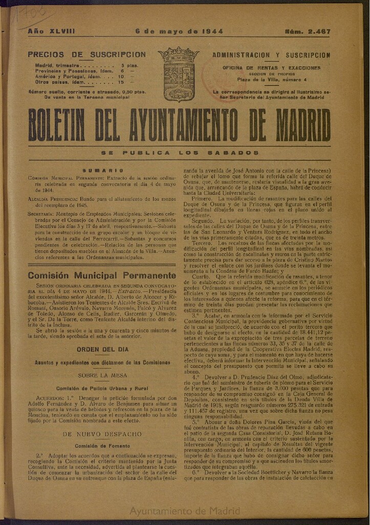 Miniatura de Boletín Oficial del Ayuntamiento de Madrid del 6 de mayo de 1944, nº 2467