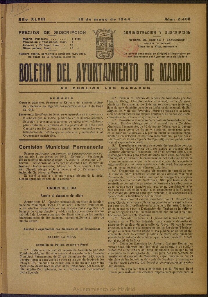 Miniatura de Boletín Oficial del Ayuntamiento de Madrid del 13 de mayo de 1944, nº 2468