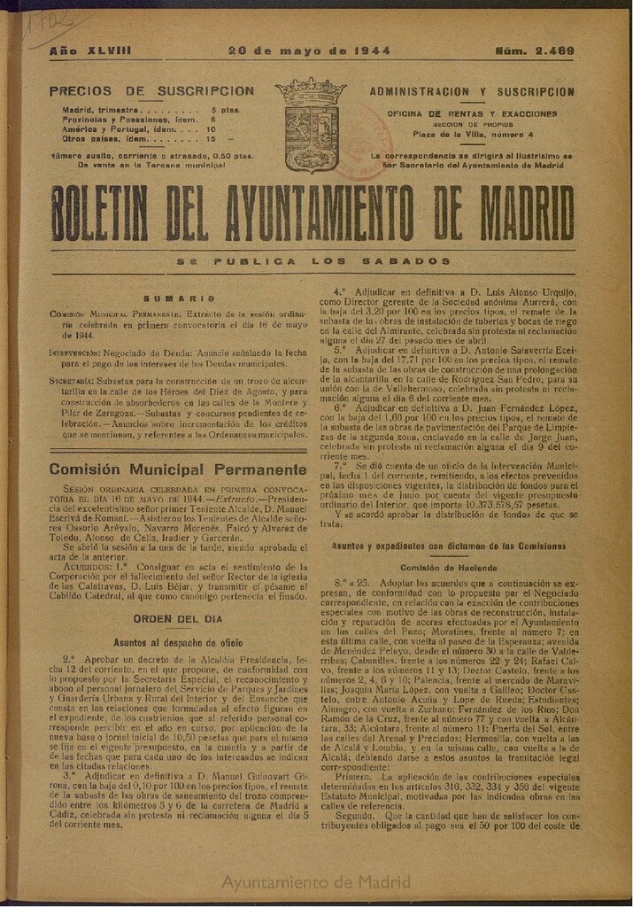 Miniatura de Boletín Oficial del Ayuntamiento de Madrid del 20 de mayo de 1944, nº 2469