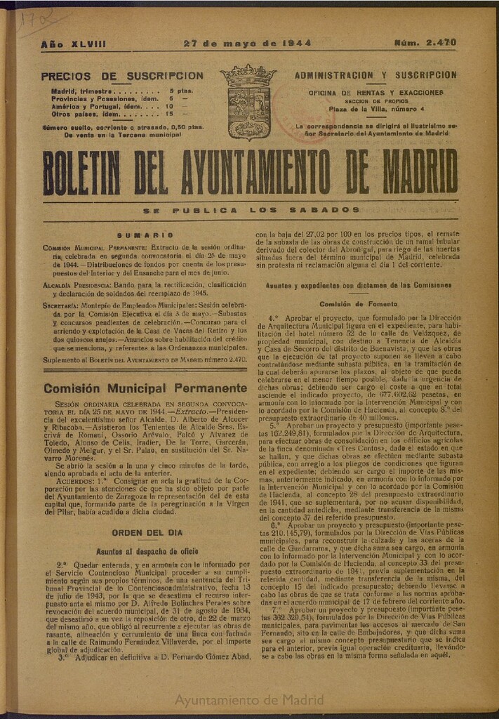 Miniatura de Boletín Oficial del Ayuntamiento de Madrid del 27 de mayo de 1944, nº 2470