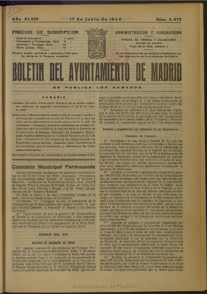 Miniatura de Boletín Oficial del Ayuntamiento de Madrid del 17 de junio de 1944, nº 2473