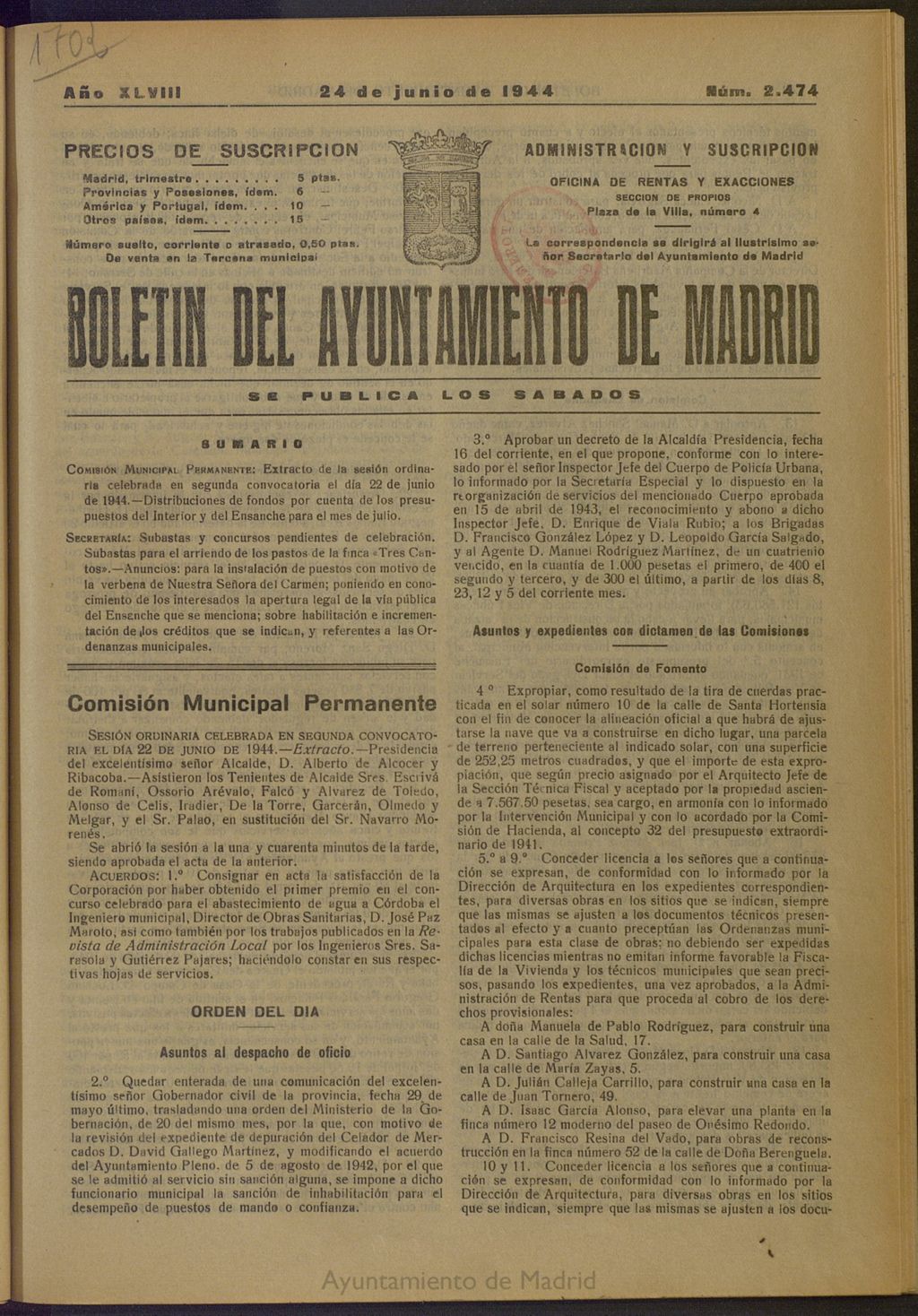 Miniatura de Boletín Oficial del Ayuntamiento de Madrid del 24 de junio de 1944, nº 2474