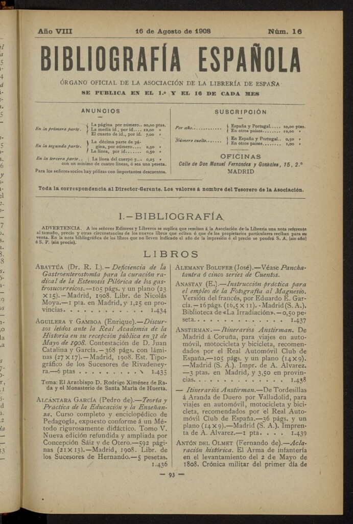 Miniatura de Bibliografía Española del 16 de agosto de 1908