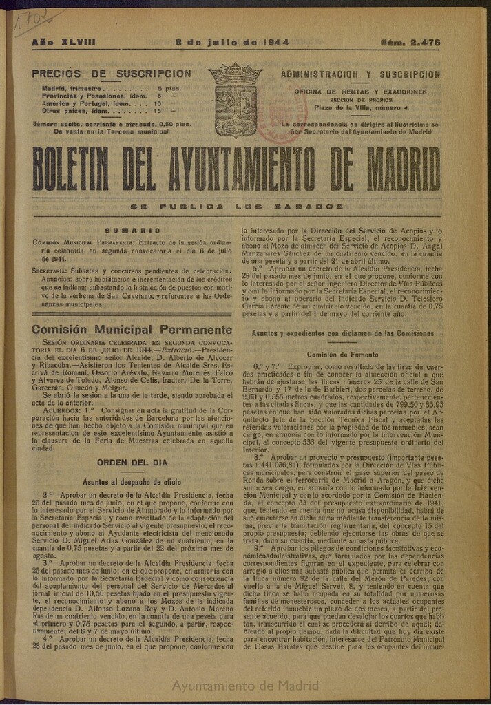 Miniatura de Boletín Oficial del Ayuntamiento de Madrid del 8 de julio de 1944, nº 2476