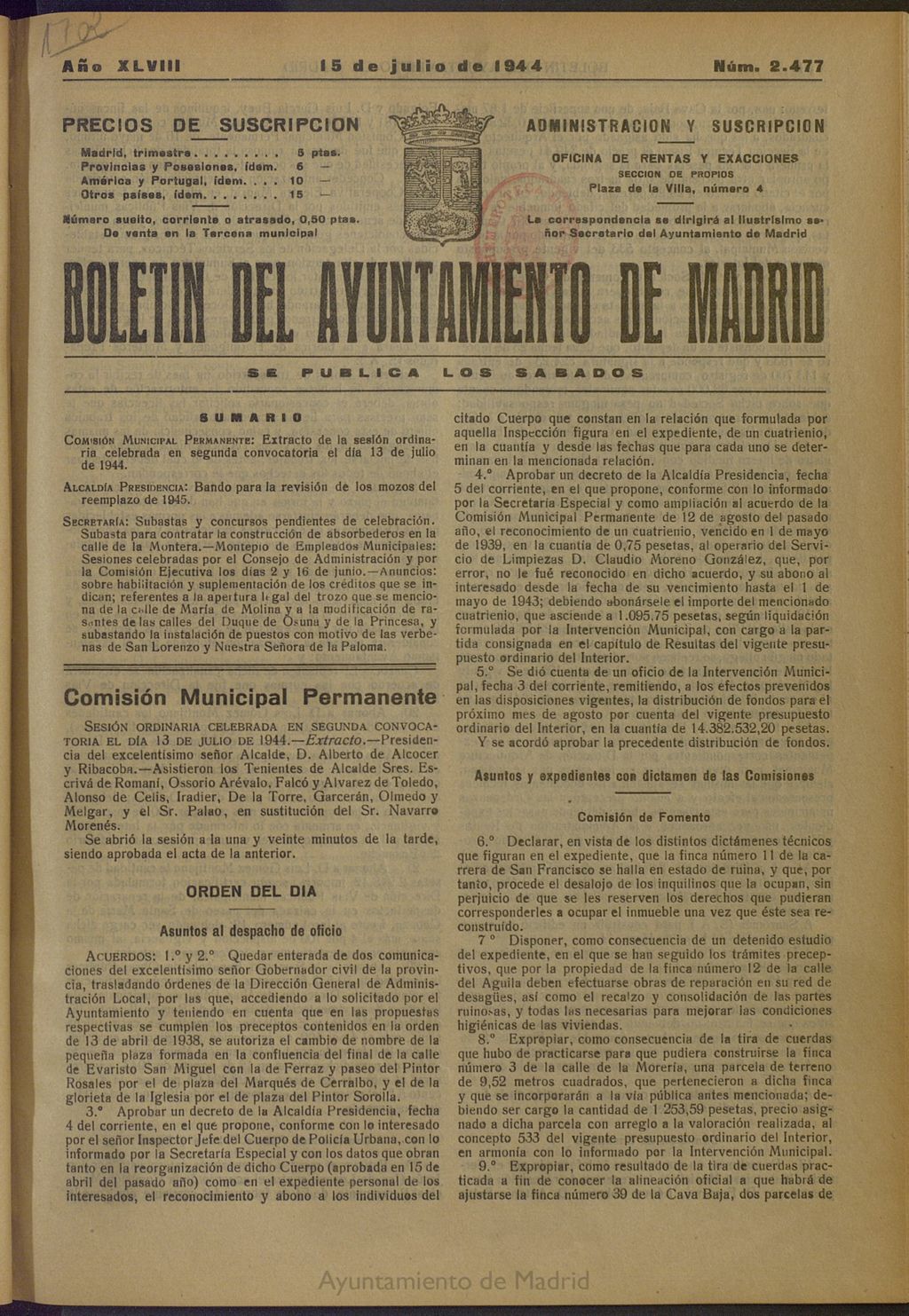 Miniatura de Boletín Oficial del Ayuntamiento de Madrid del 15 de julio de 1944, nº 2477