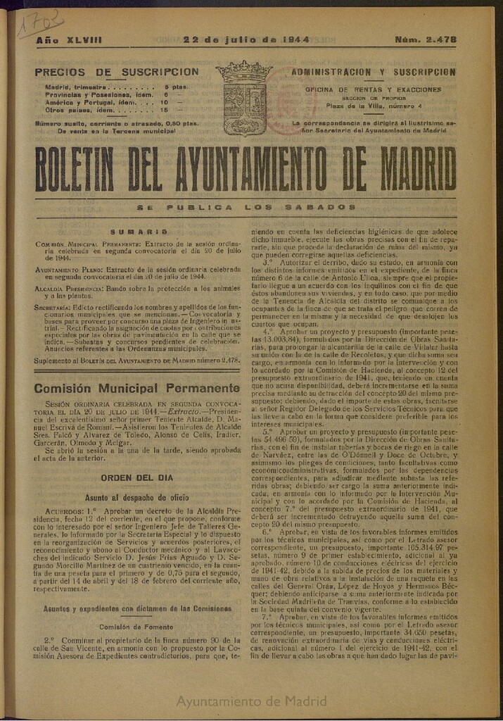 Miniatura de Boletín Oficial del Ayuntamiento de Madrid del 22 de julio de 1944, nº 2478
