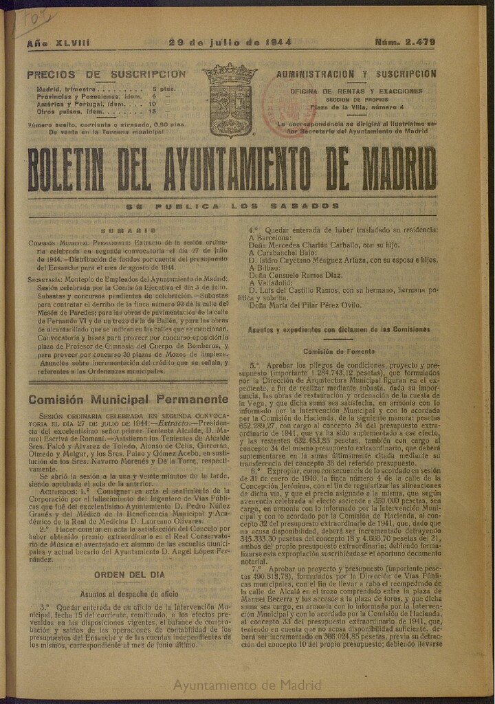Miniatura de Boletín Oficial del Ayuntamiento de Madrid del 29 de julio de 1944, nº 2479