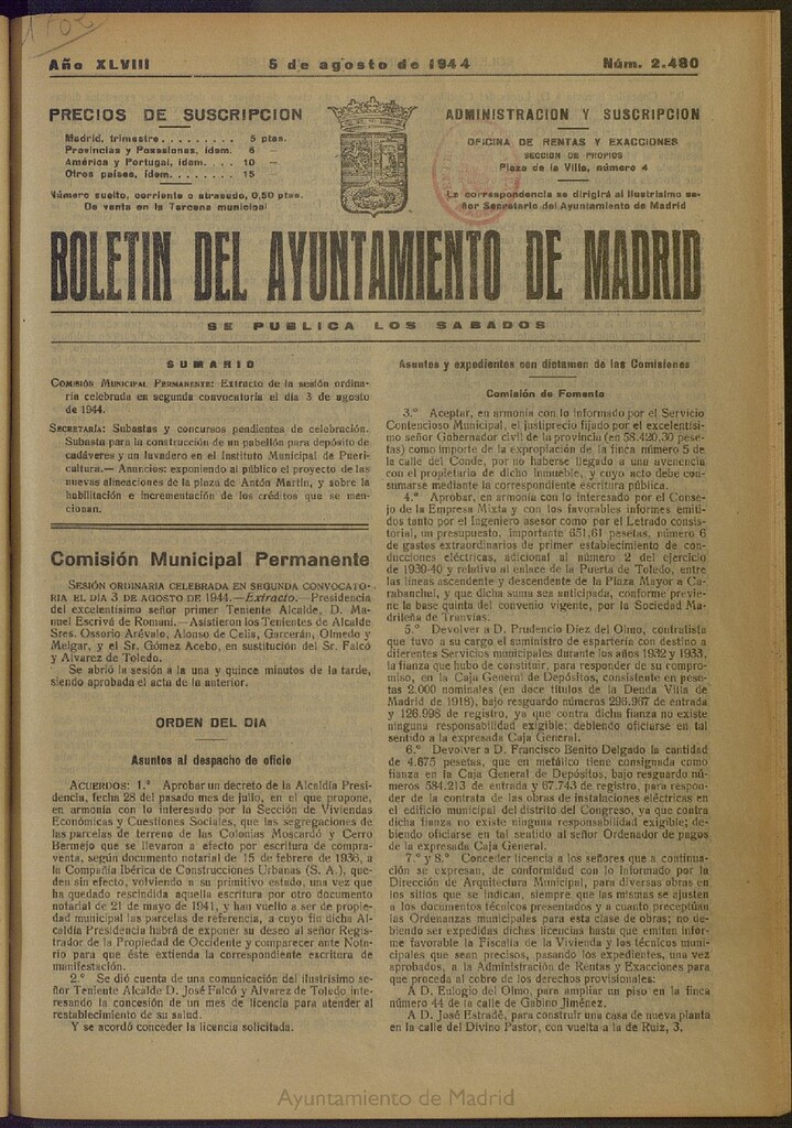 Miniatura de Boletín Oficial del Ayuntamiento de Madrid del 5 de agosto de 1944, nº 2480