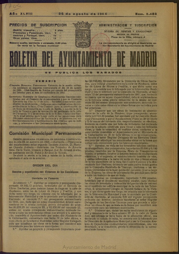 Miniatura de Boletín Oficial del Ayuntamiento de Madrid del 26 de agosto de 1944, nº 2483