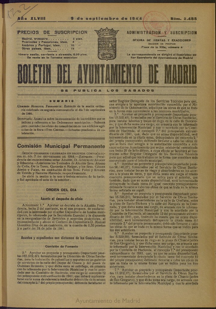 Miniatura de Boletín Oficial del Ayuntamiento de Madrid del 9 de septiembre de 1944, nº 2485