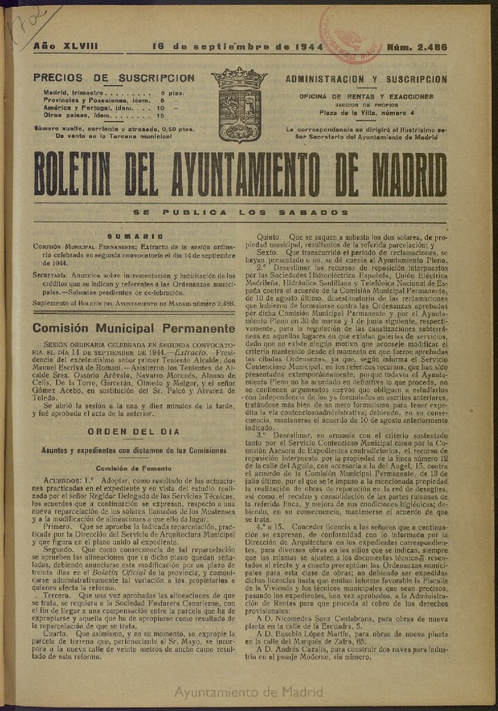 Miniatura de Boletín Oficial del Ayuntamiento de Madrid del 16 de septiembre de 1944, nº 2486