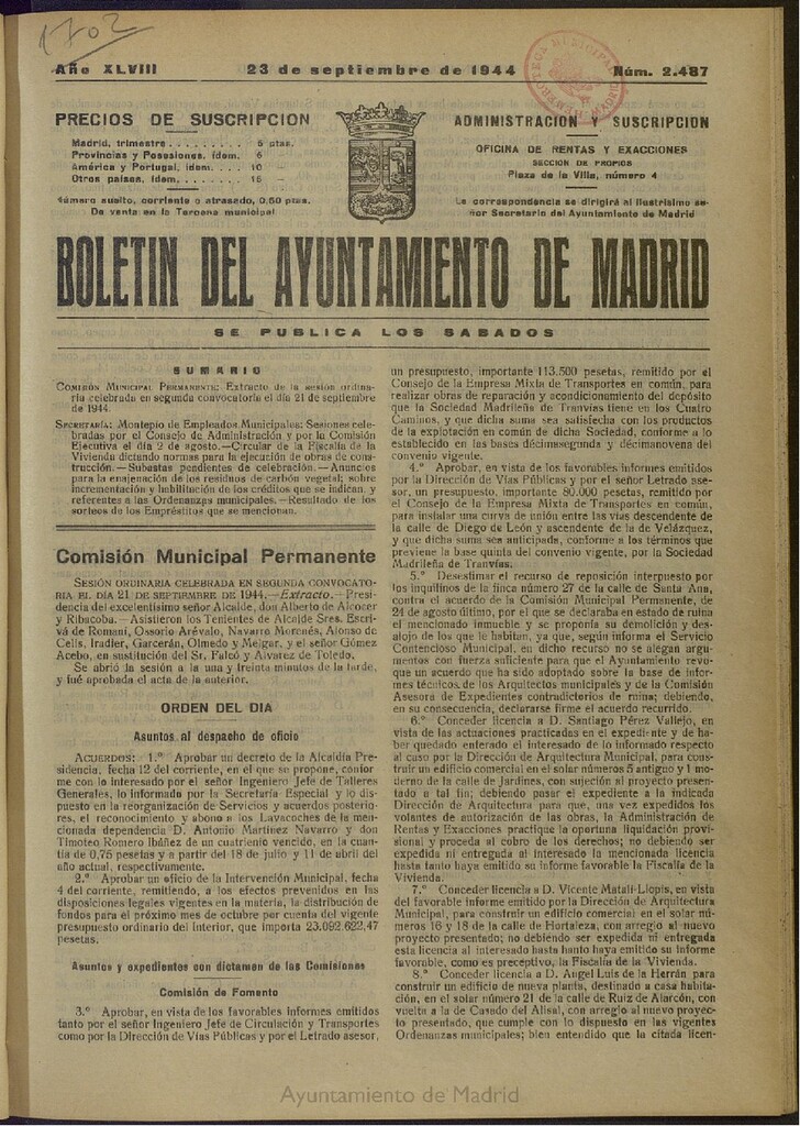 Miniatura de Boletín Oficial del Ayuntamiento de Madrid del 23 de septiembre de 1944, nº 2487
