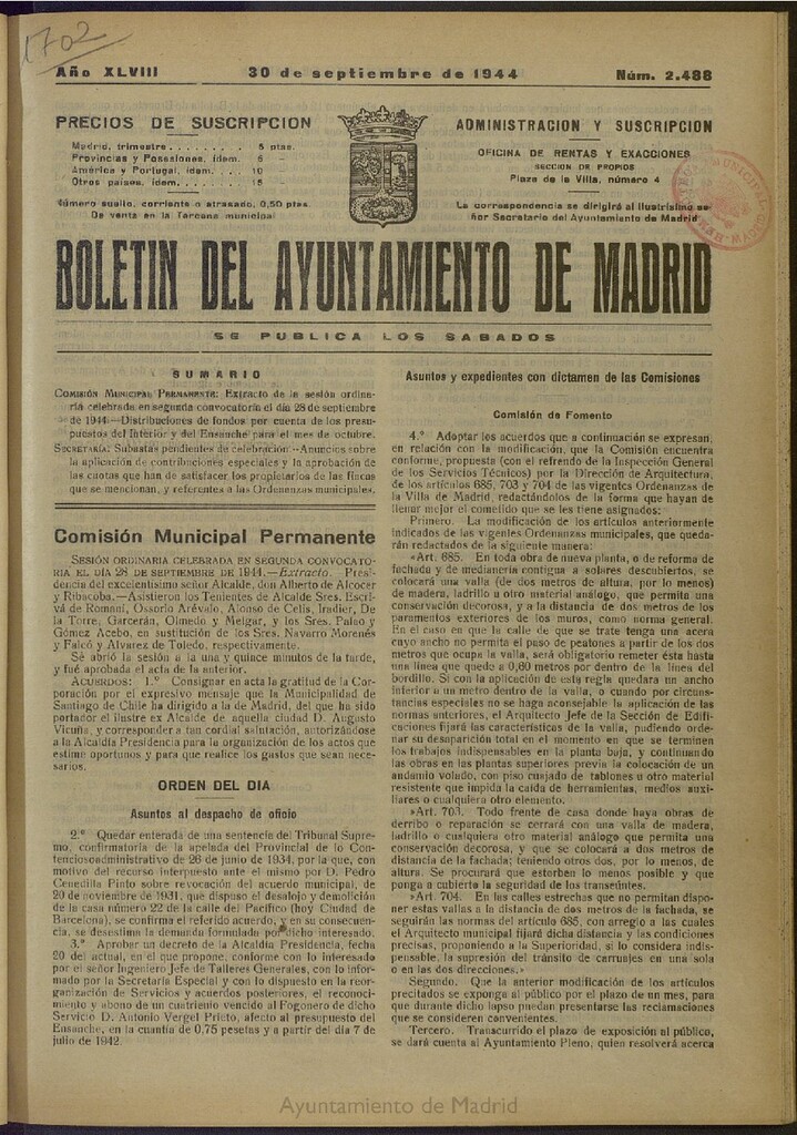 Miniatura de Boletín Oficial del Ayuntamiento de Madrid del 30 de septiembre de 1944, nº 2488