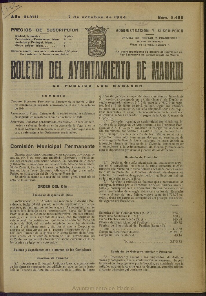 Miniatura de Boletín Oficial del Ayuntamiento de Madrid del 7 de octubre de 1944, nº 2489