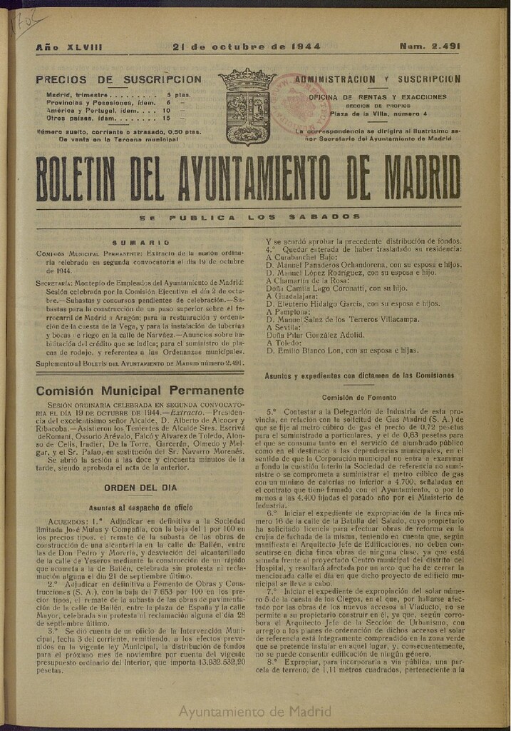 Miniatura de Boletín Oficial del Ayuntamiento de Madrid del 21 de octubre de 1944, nº 2491