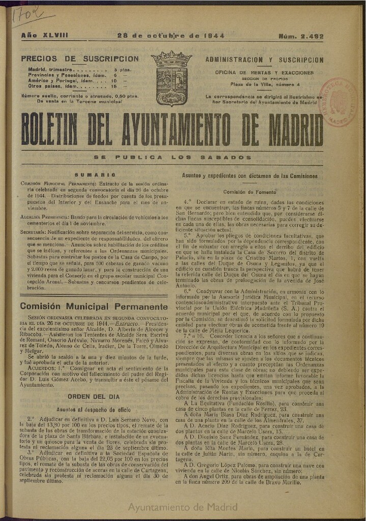 Miniatura de Boletín Oficial del Ayuntamiento de Madrid del 28 de octubre de 1944, nº 2492