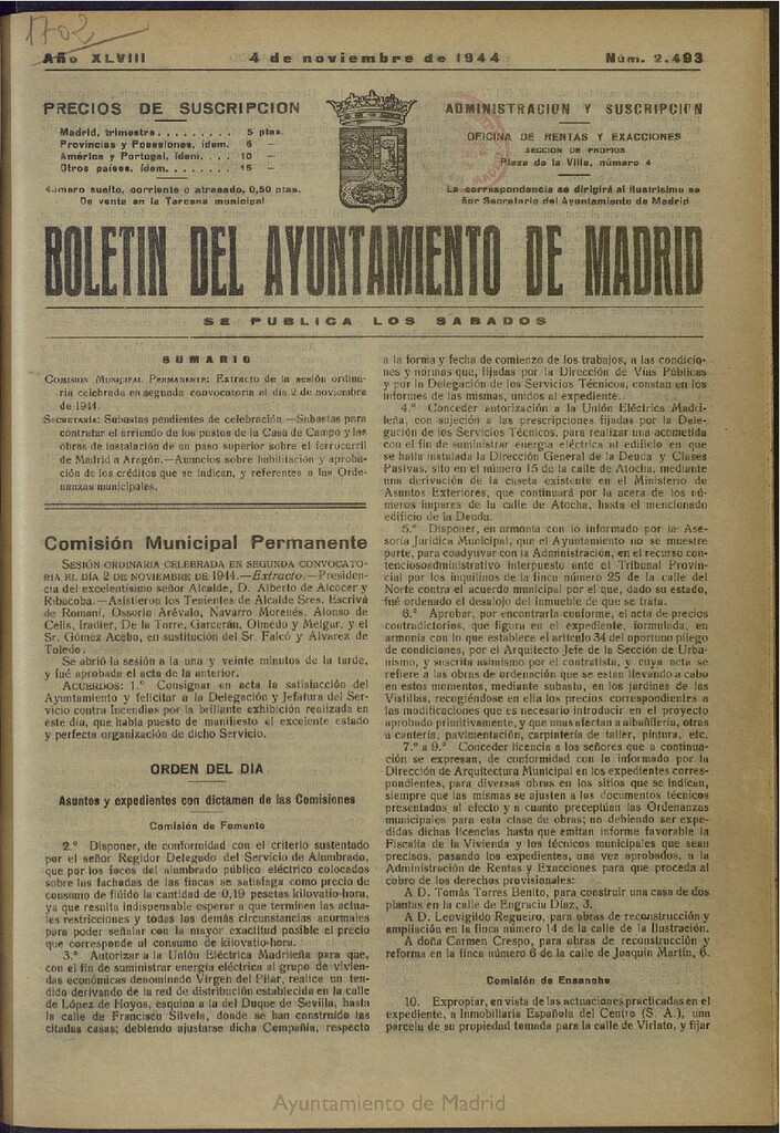 Miniatura de Boletín Oficial del Ayuntamiento de Madrid del 4 de noviembre de 1944, nº 2493