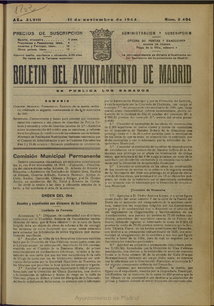 Miniatura de Boletín Oficial del Ayuntamiento de Madrid del 11 de noviembre de 1944, nº 2494