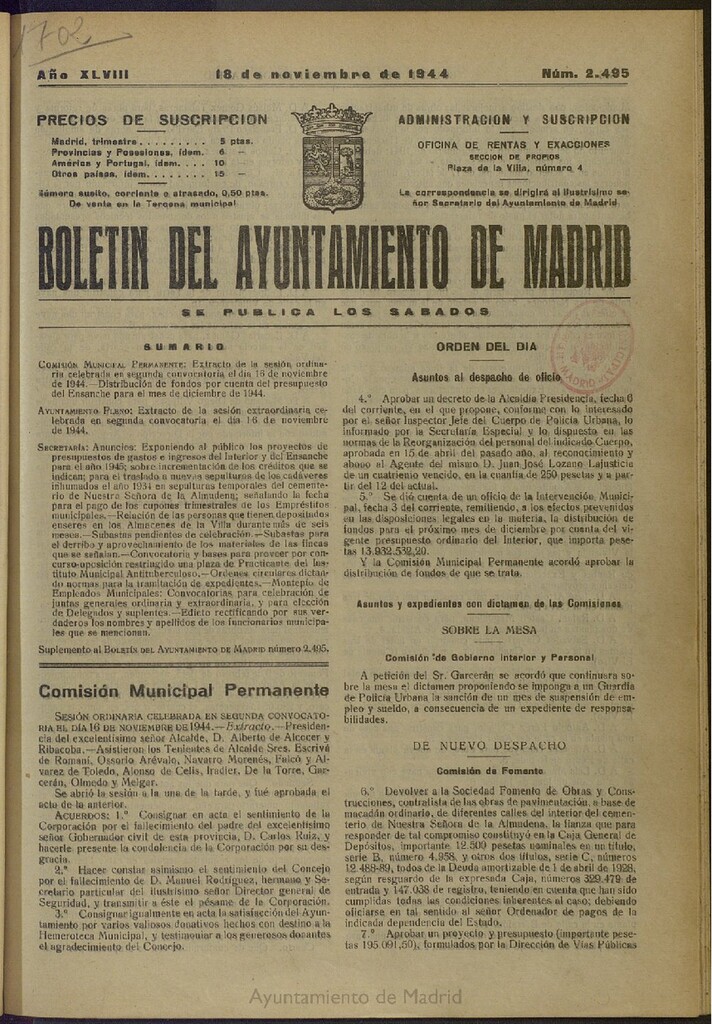 Miniatura de Boletín Oficial del Ayuntamiento de Madrid del 18 de noviembre de 1944, nº 2495
