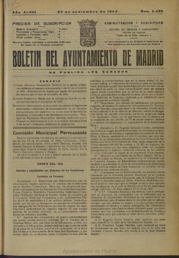 Miniatura de Boletín Oficial del Ayuntamiento de Madrid del 25 de noviembre de 1944, nº 2496