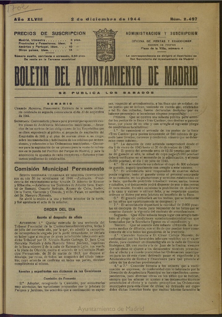 Miniatura de Boletín Oficial del Ayuntamiento de Madrid del 2 de diciembre de 1944, nº 2497